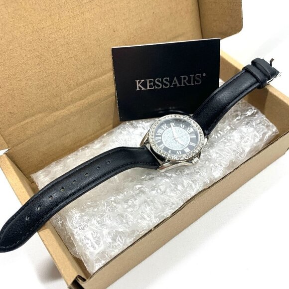 Kessaris Crystal Studded Analog Watch Black/silver Stainless Steel Faux Leather - Picture 1 of 8